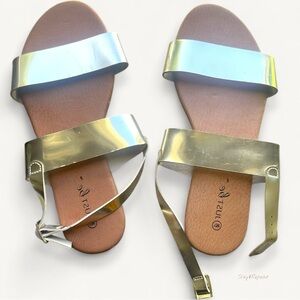 Gold Metallic Strappy Flat Sandals – Size 10W #WideFit #FlatSandals